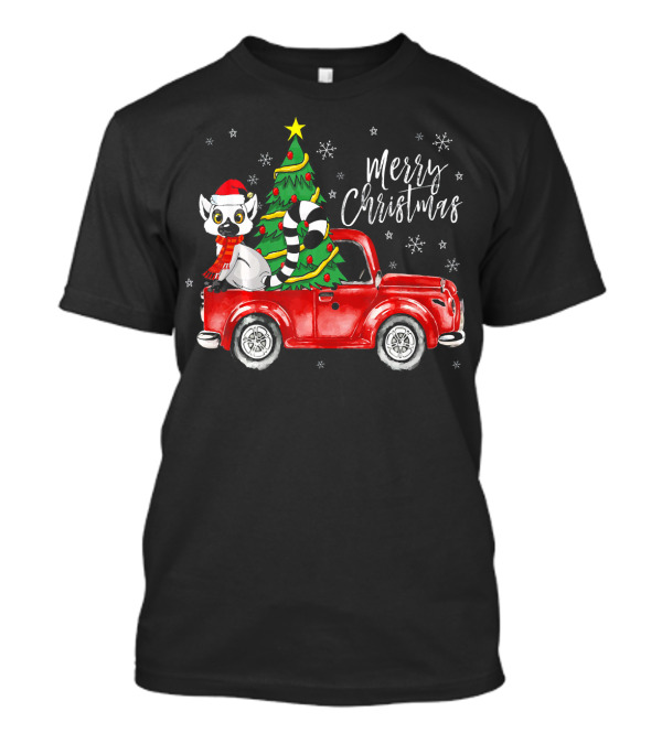 Merry Christmas Cute Lemur In Red Truck With Christmas Tree T-Shirt