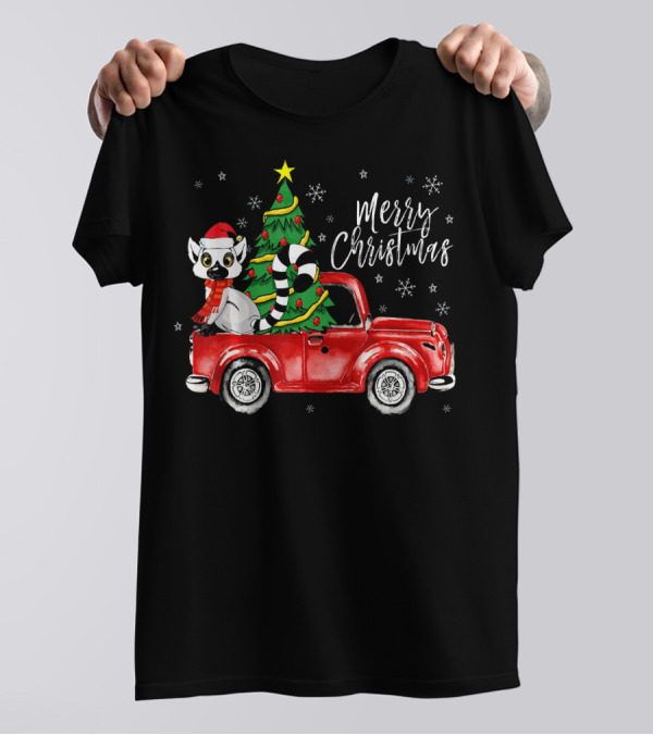 Merry Christmas Cute Lemur In Red Truck With Christmas Tree T-Shirt