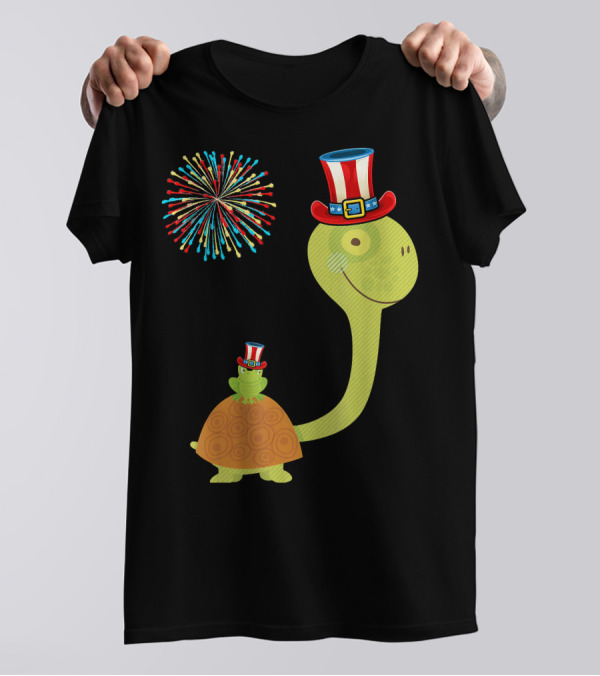 4th Of July Tortoise And Turtle With Fireworks And Patriotic Hats T-Shirt