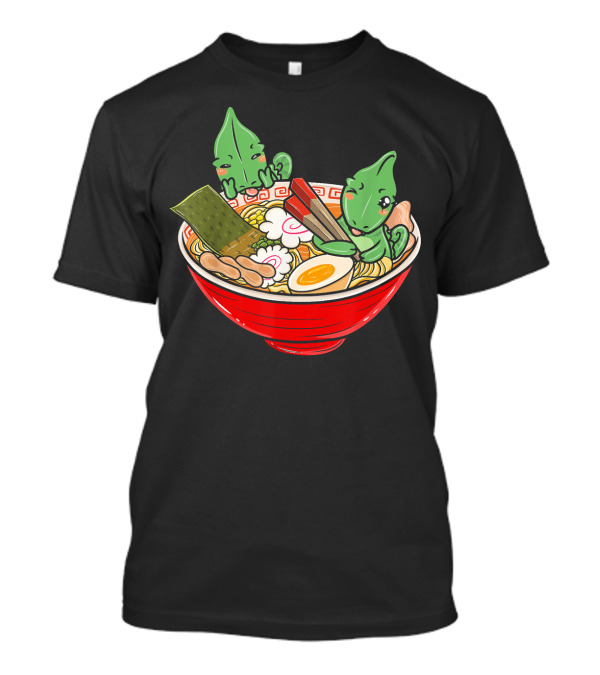 Chameleon Japanese Ramen Kawaii Funny Pe Accompanied By Cute Lizard Characters In Noodle Bowl T-Shirt