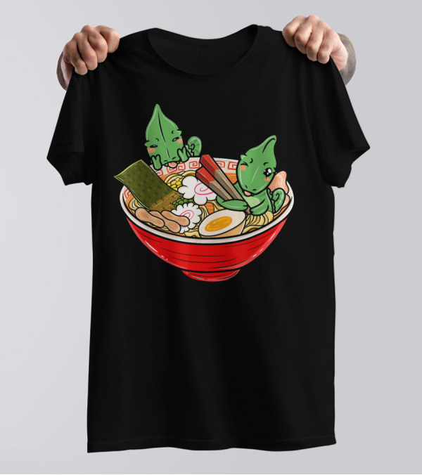 Chameleon Japanese Ramen Kawaii Funny Pe Accompanied By Cute Lizard Characters In Noodle Bowl T-Shirt
