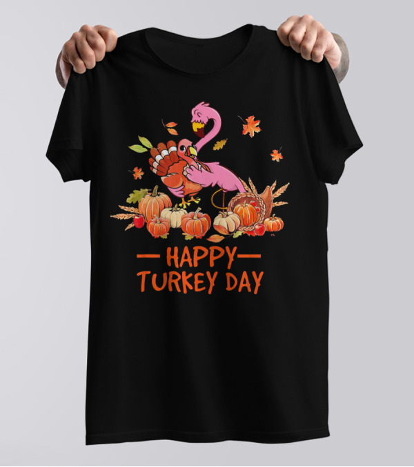 Cute Flamingo Hug Turkey Day Happy Thanksgiving T-Shirt