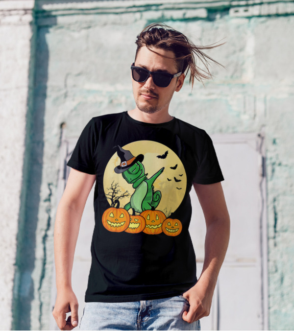 Dabbing Chameleon Dab Dance Funny Pet Halloween Pumpkins Witch Hat Moon Bats T-Shirt