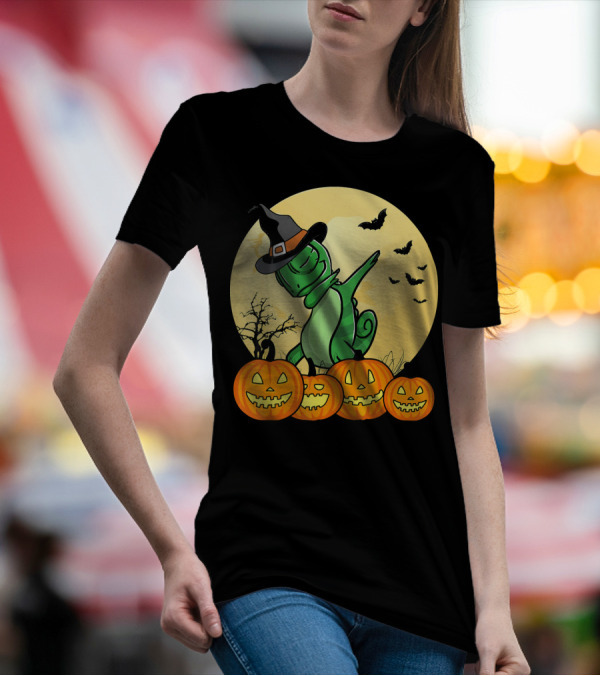 Dabbing Chameleon Dab Dance Funny Pet Halloween Pumpkins Witch Hat Moon Bats T-Shirt