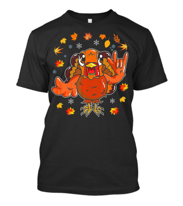 American Sign Language I Love You Thanksgiving Turkey With Autumn Leaves T-Shirt