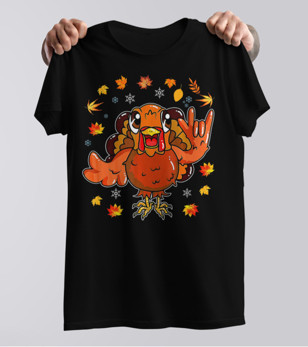 American Sign Language I Love You Thanksgiving Turkey With Autumn Leaves T-Shirt