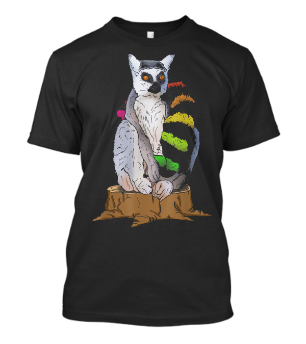 Colorful Lemur With Multicolored Tail Sitting On Tree Stump T-Shirt