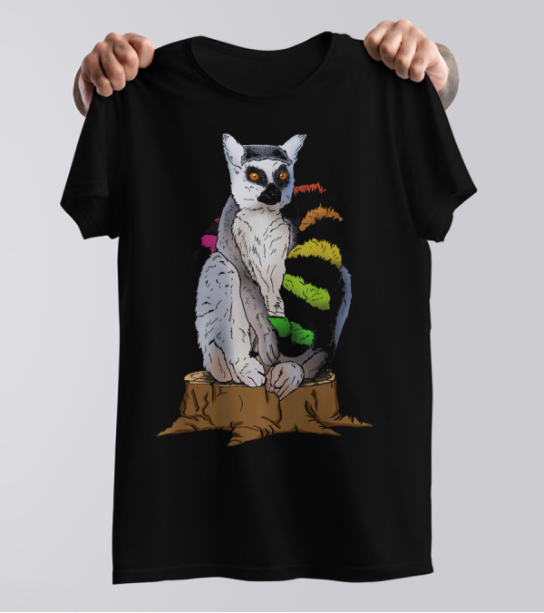 Colorful Lemur With Multicolored Tail Sitting On Tree Stump T-Shirt