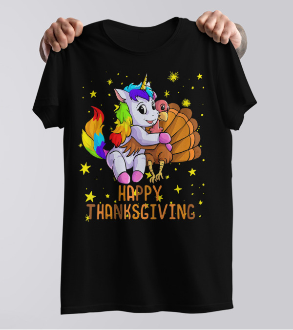 Happy Thanksgiving Cute Unicorn Hugs Turkey T-Shirt