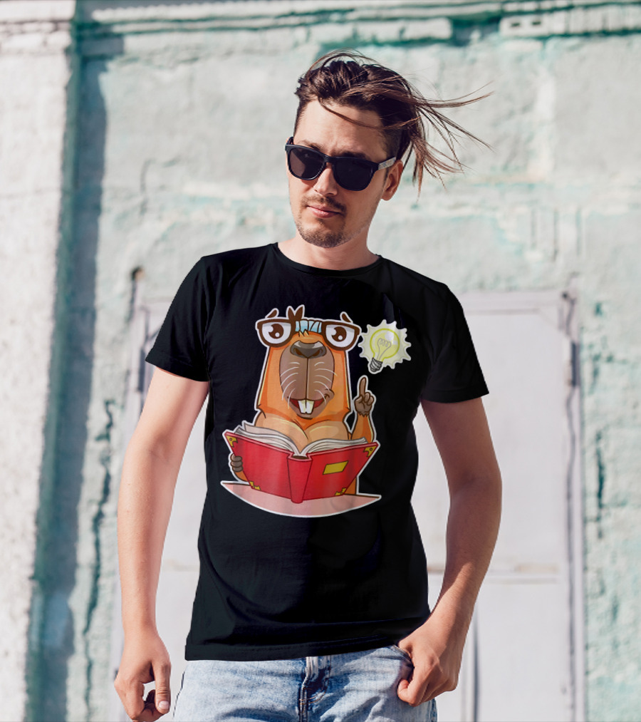 Capybara Reader With Glasses Holding Red Book And Light Bulb Idea T-Shirt
