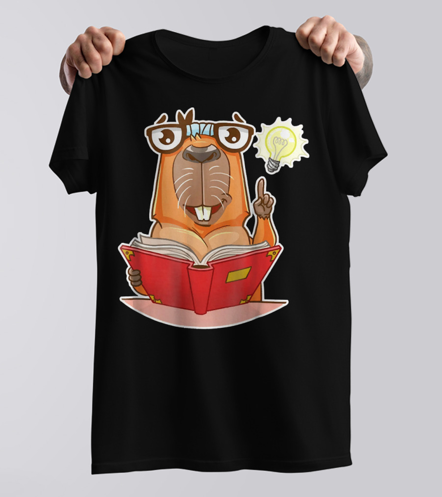 Capybara Reader With Glasses Holding Red Book And Light Bulb Idea T-Shirt