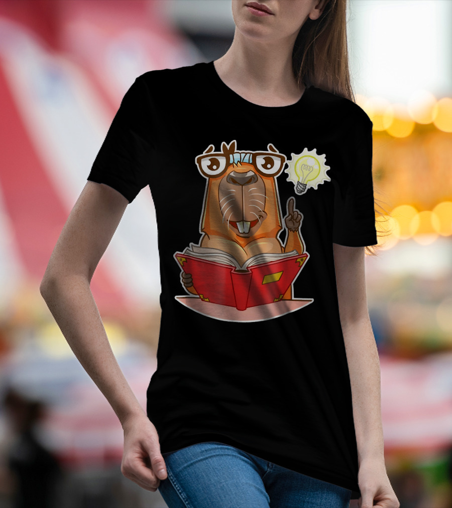 Capybara Reader With Glasses Holding Red Book And Light Bulb Idea T-Shirt