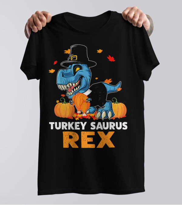 Thanksgiving Dinosaur Turkey Saurus Rex Pilgrim Pumpkin Leaves T-Shirt
