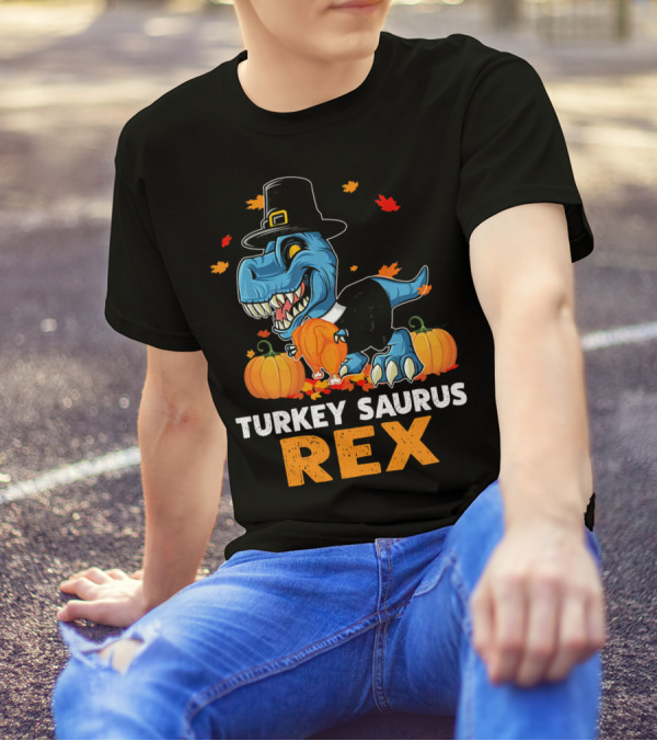 Thanksgiving Dinosaur Turkey Saurus Rex Pilgrim Pumpkin Leaves T-Shirt