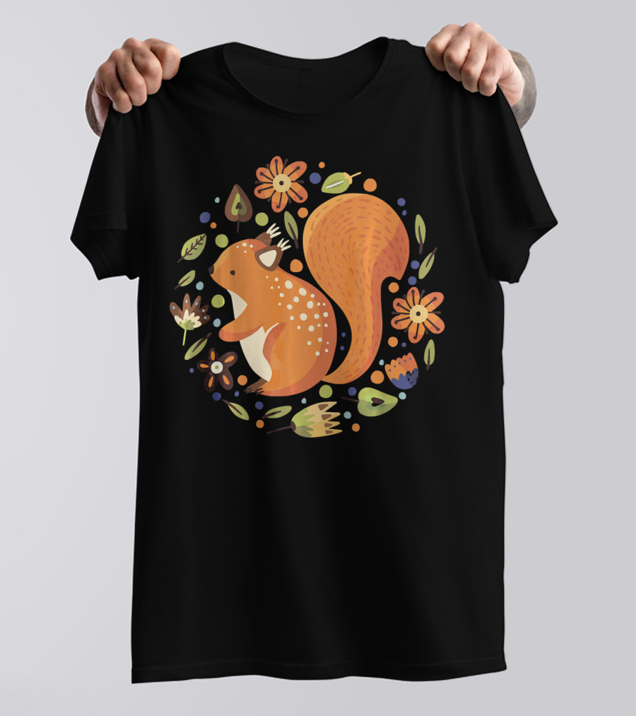 Cute Funny Squirrel Girl Floral Folk T-Shirt
