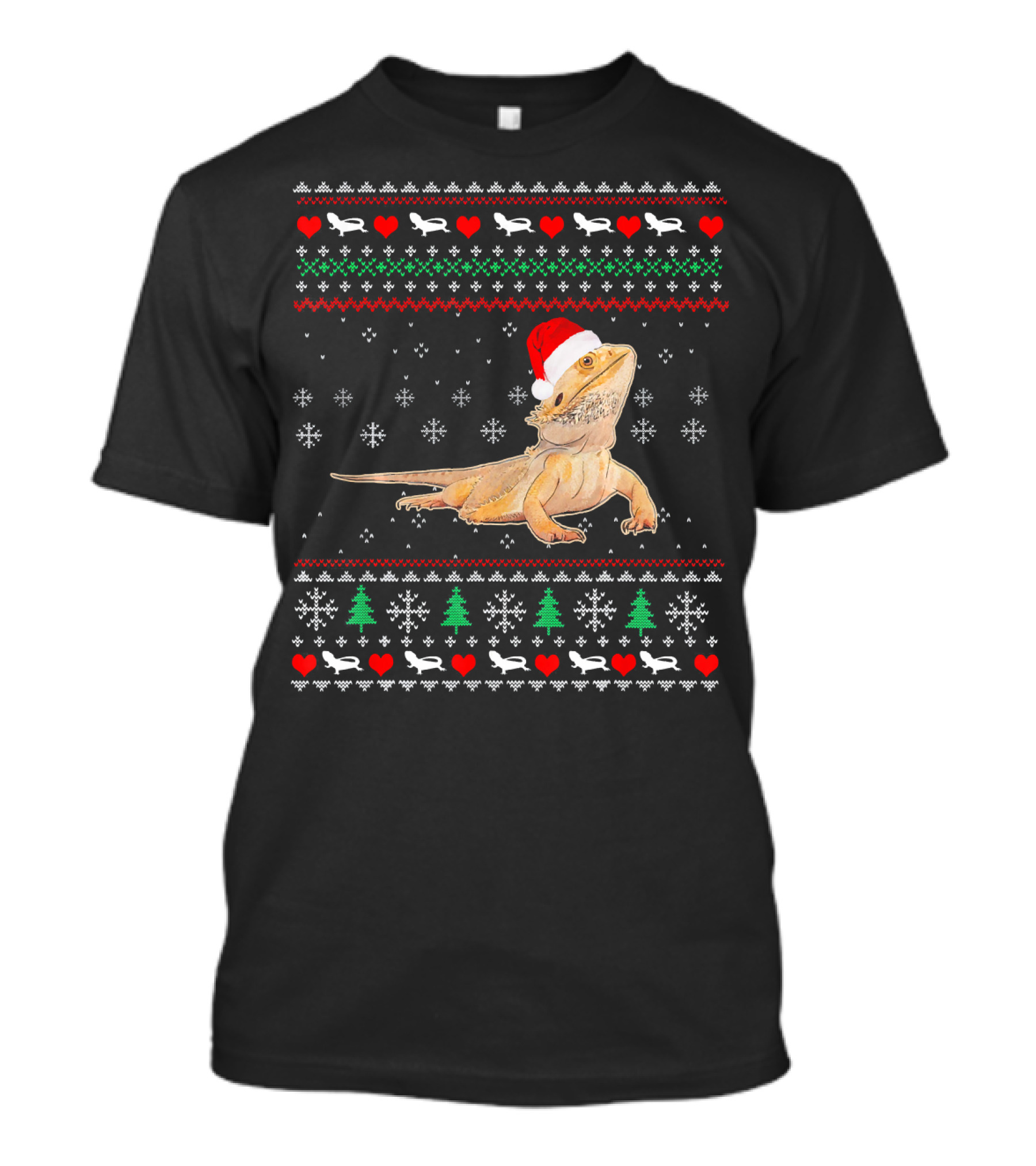 Christmas Ugly Bearded Dragon Santa Hat Snowflakes Hearts Trees T-Shirt