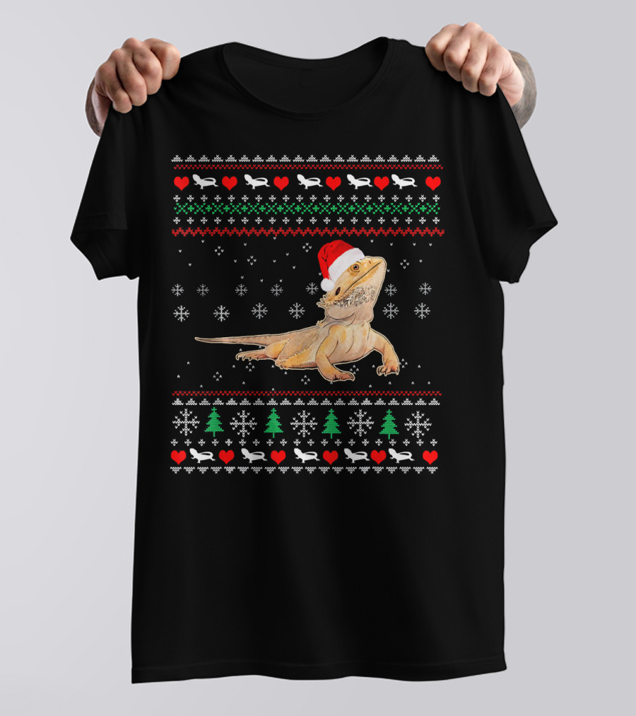 Christmas Ugly Bearded Dragon Santa Hat Snowflakes Hearts Trees T-Shirt