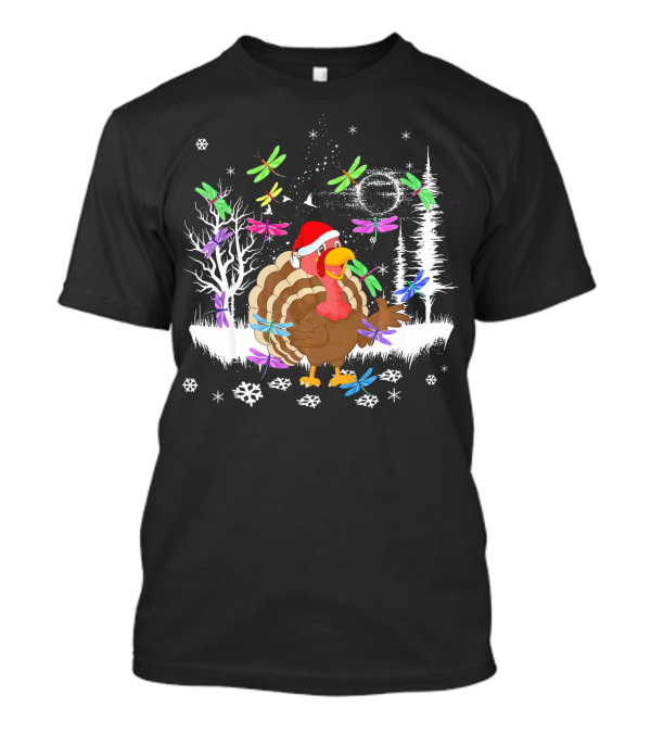 Turkey With Santa Hat And Snowflakes Surrounded By Colorful Dragonflies T-Shirt