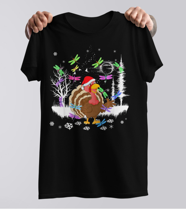 Turkey With Santa Hat And Snowflakes Surrounded By Colorful Dragonflies T-Shirt