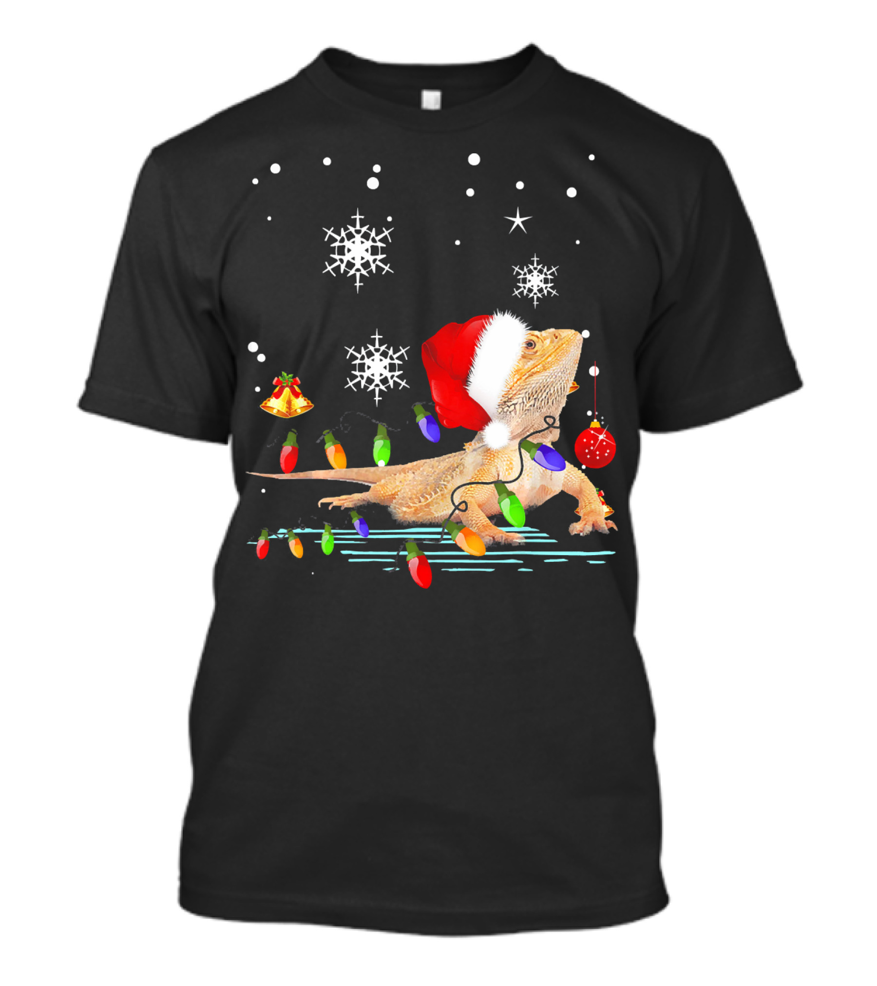 Bearded Dragon Santa Hat Christmas Lights Snowflakes T-Shirt