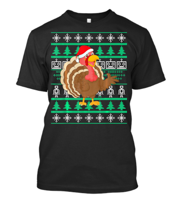 Cute Turkey Christmas Santa Hat Festive Pixel Trees And Snowflakes T-Shirt