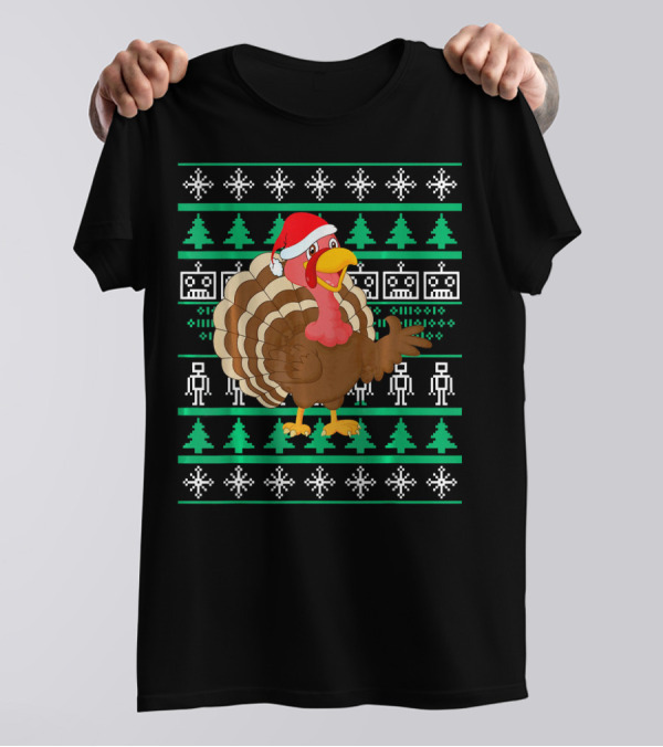 Cute Turkey Christmas Santa Hat Festive Pixel Trees And Snowflakes T-Shirt