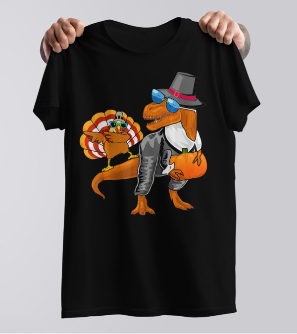 Dinosaur Rex Turkey Pilgrim Dabbing Thanksgiving Pumpkin T-Shirt