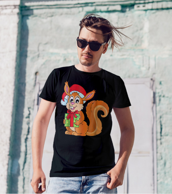 Cute Santa Squirrel Holding A Green Gift Box T-Shirt