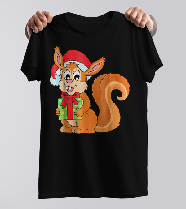 Cute Santa Squirrel Holding A Green Gift Box T-Shirt