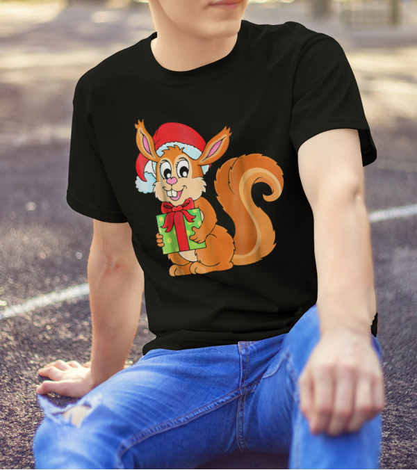 Cute Santa Squirrel Holding A Green Gift Box T-Shirt