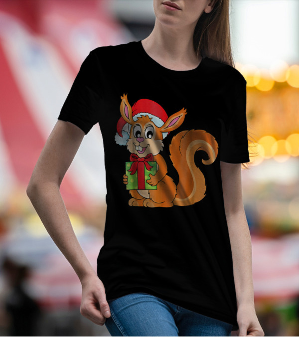 Cute Santa Squirrel Holding A Green Gift Box T-Shirt