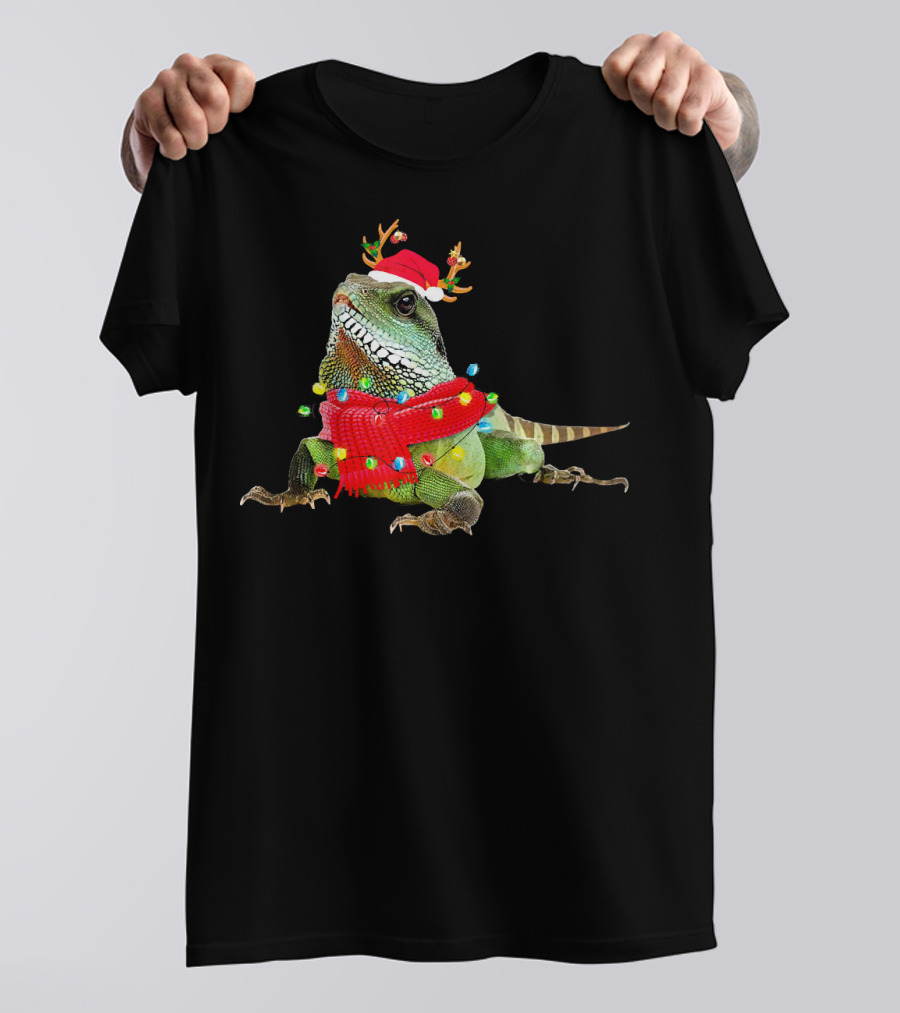 Bearded Dragon With Christmas Lights And Reindeer Antlers Santa Hat T-Shirt