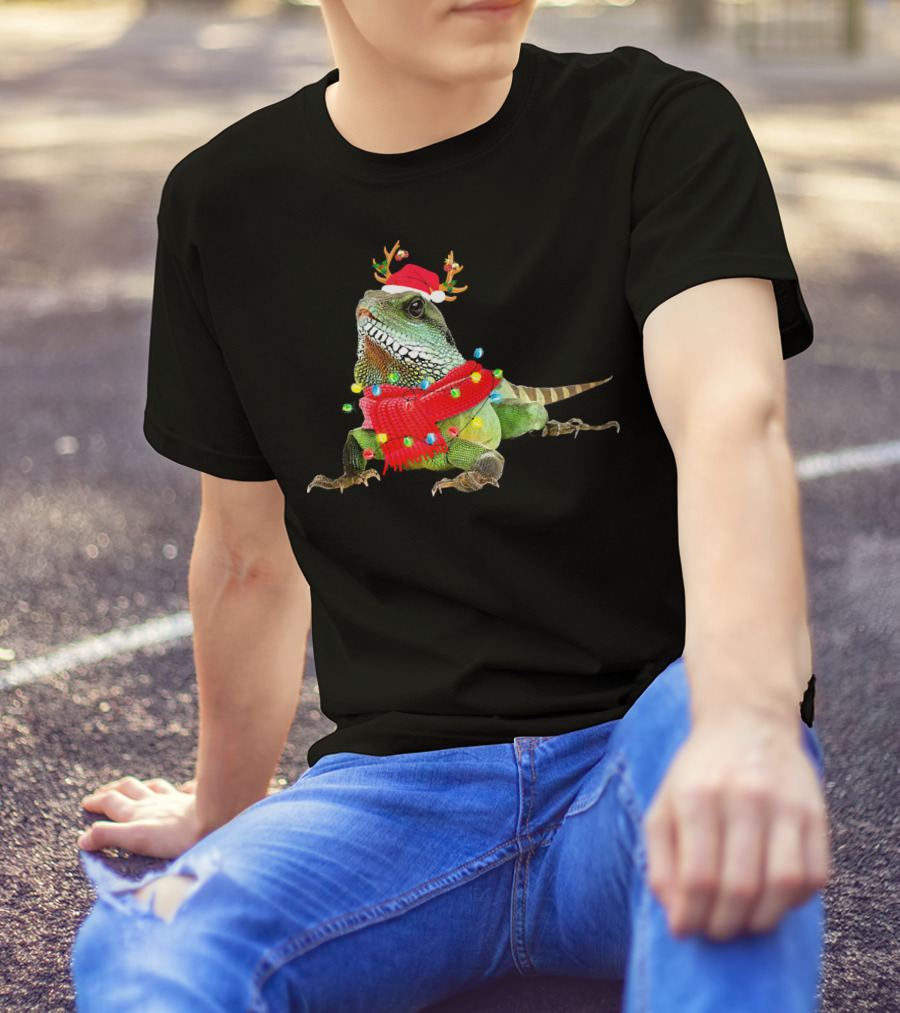 Bearded Dragon With Christmas Lights And Reindeer Antlers Santa Hat T-Shirt