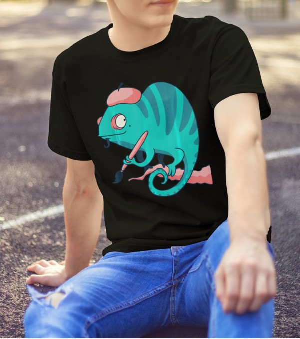 Chameleon Painter Funny Cartoon Art Brush Hat T-Shirt