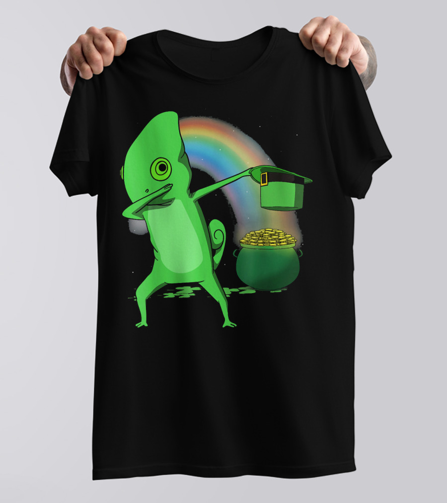 Dabbing Chameleon Leprechaun With Rainbow And Pot Of Gold St Patricks T-Shirt
