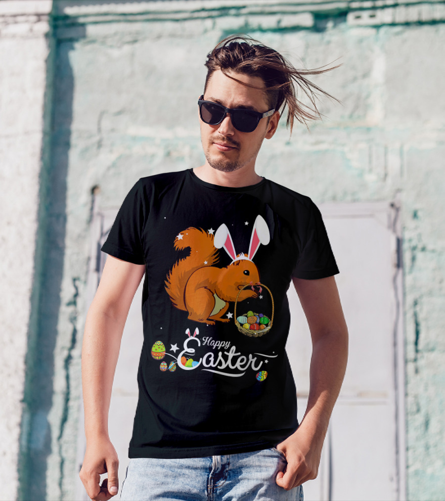 Happy Easter Squirrel Whisperer With Bunny Ears Carrying Basket Of Colorful Eggs T-Shirt