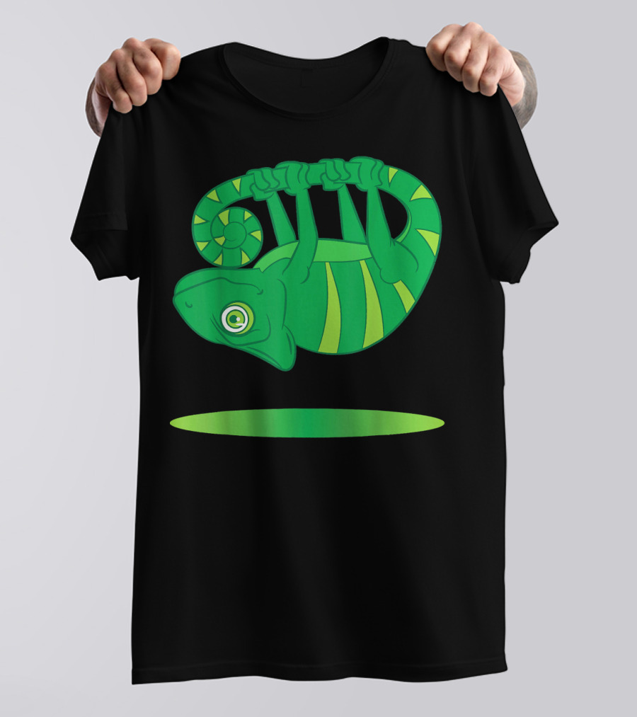 Chameleon Funny And Cute Upside Down Playful Lizard Hanging Above Green Oval T-Shirt