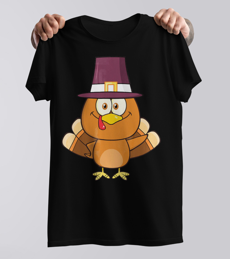 Thanksgiving Cute Turkey Pilgrim Cartoon Character T-Shirt