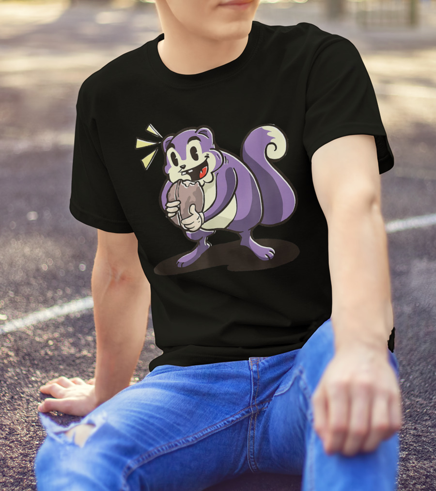 Cute Purple Squirrel Cartoon Holding Nut Funny Woodland T-Shirt