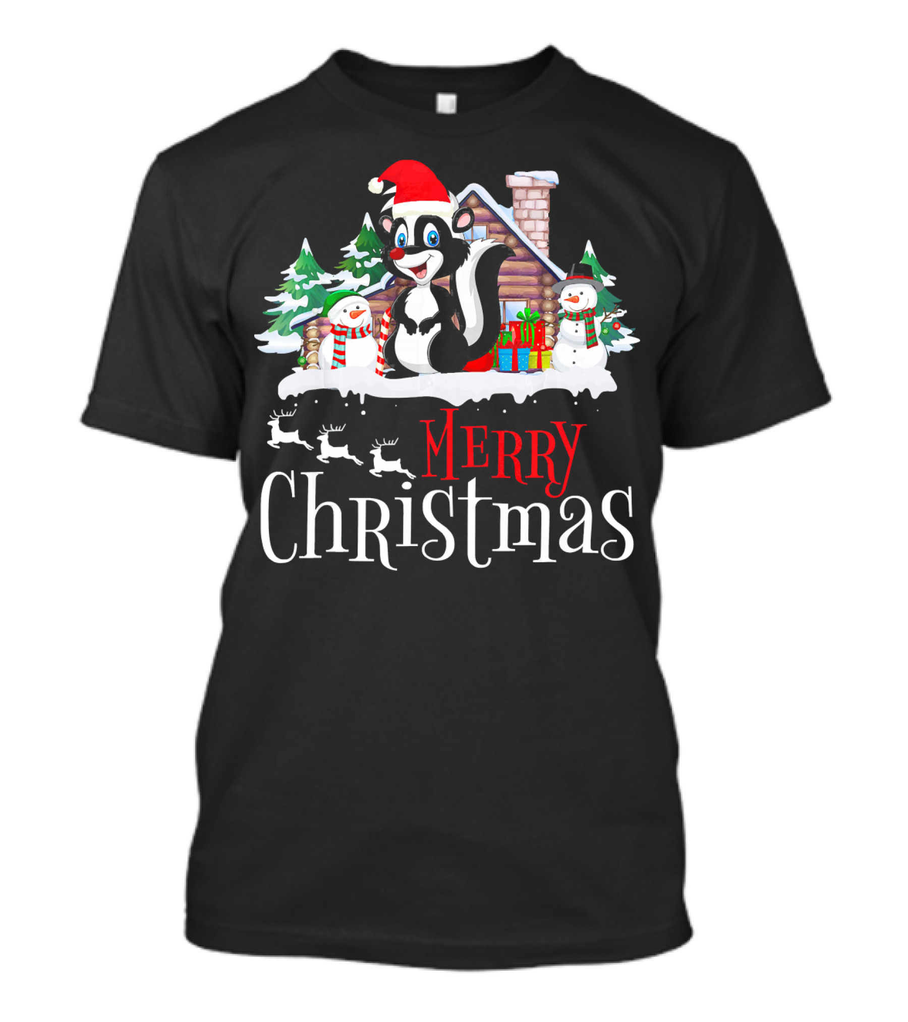 Merry Christmas Skunk With Snowmen And Santa Hat T-Shirt