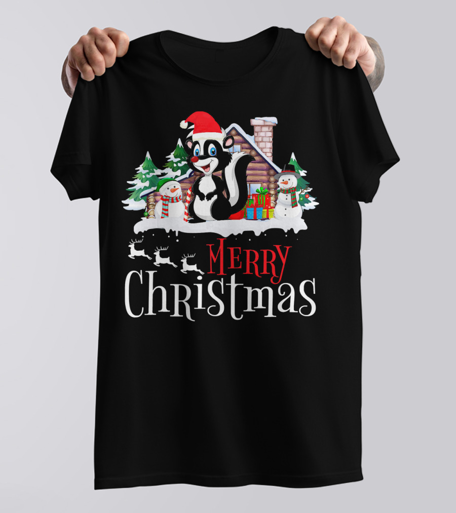 Merry Christmas Skunk With Snowmen And Santa Hat T-Shirt