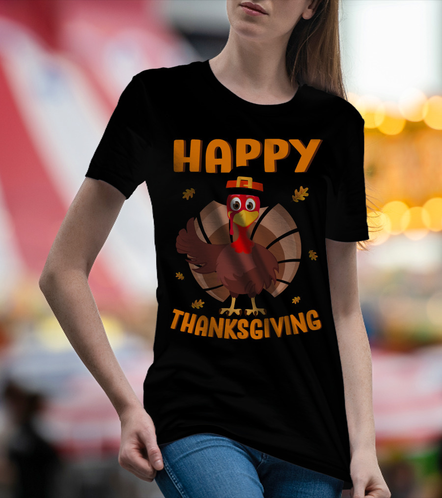 Happy Thanksgiving Turkey With Hat And Leaves T-Shirt