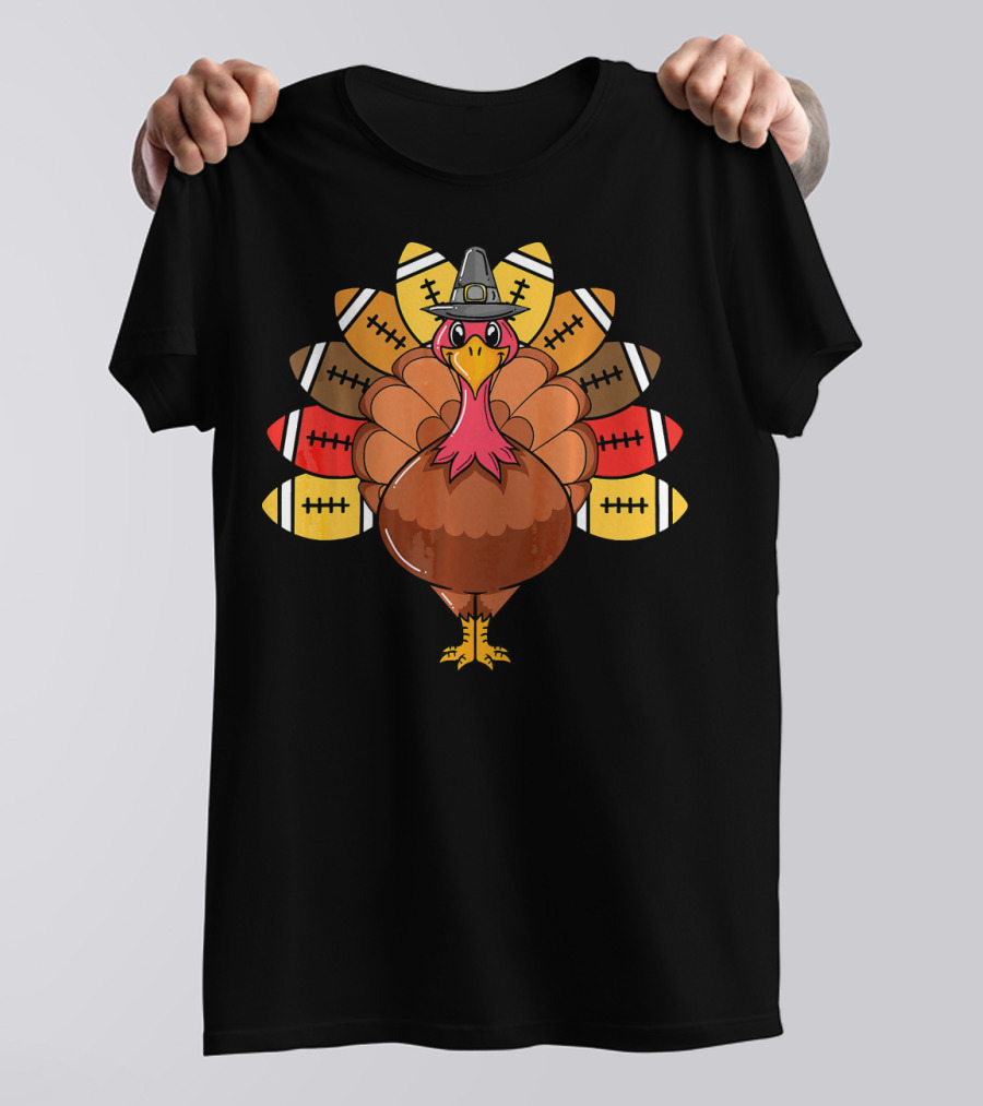 Cute Pilgrim Turkey Football Thanksgiving Funny T-Shirt
