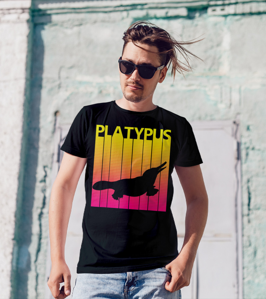 1980s Retro Platypus Silhouette With Yellow And Pink Gradient Lines T-Shirt