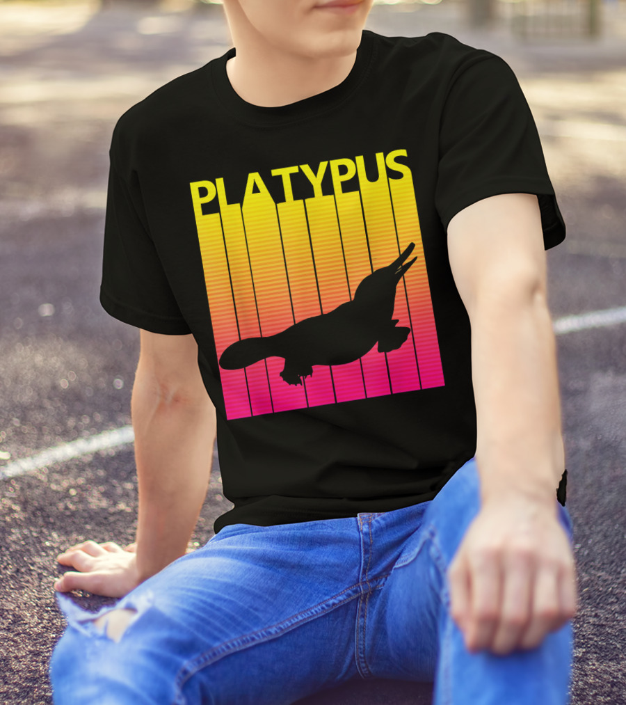 1980s Retro Platypus Silhouette With Yellow And Pink Gradient Lines T-Shirt