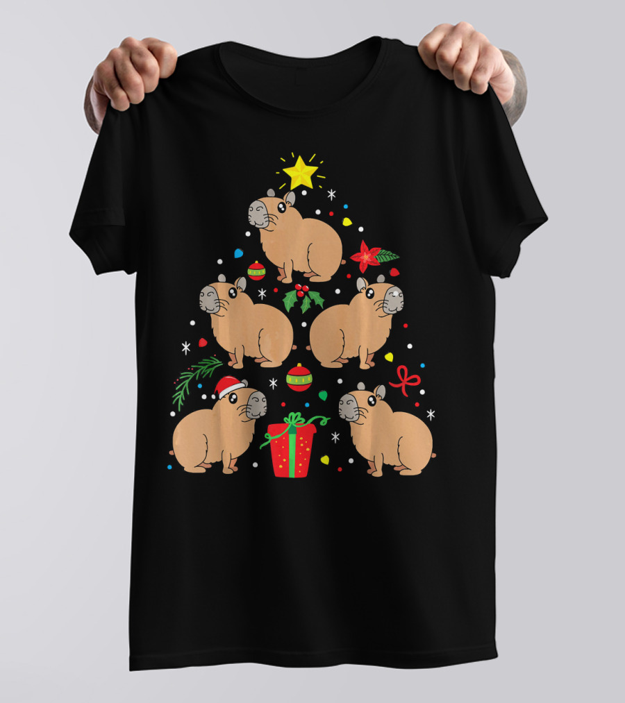 Capybara Christmas Ornament Tree Star Holly Gifts Bows T-Shirt