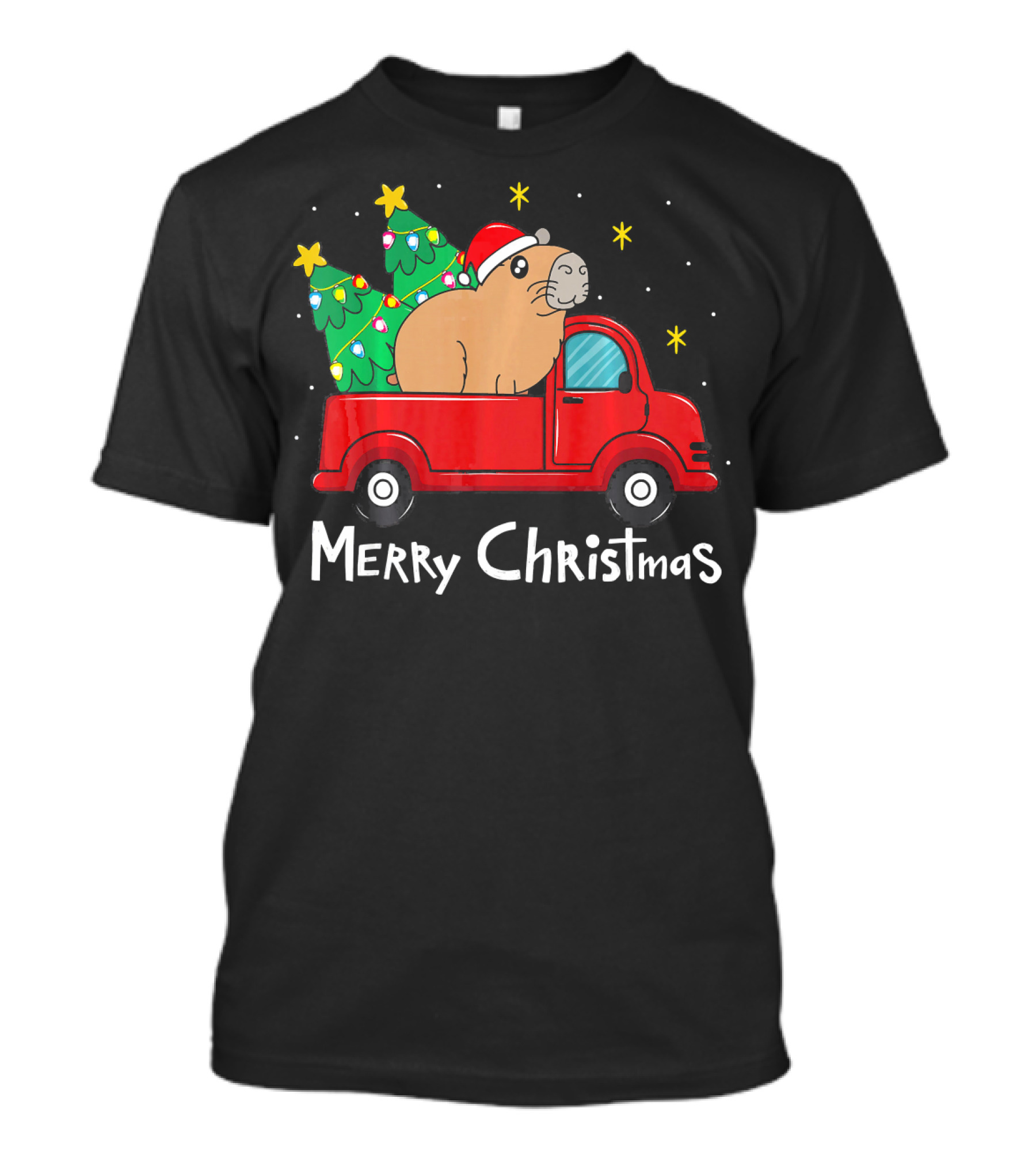 Merry Christmas Capybara Santa Hat Red Truck Christmas Trees T-Shirt