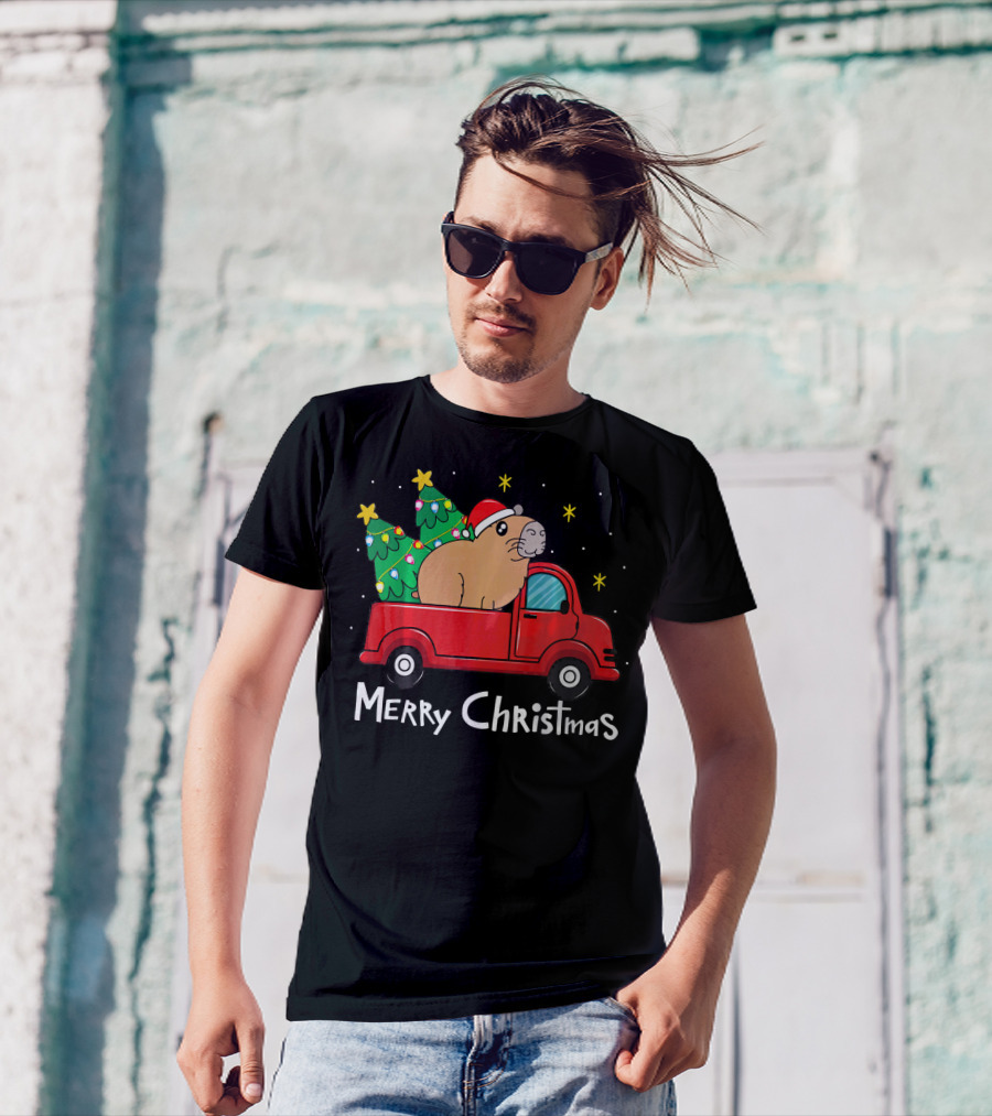 Merry Christmas Capybara Santa Hat Red Truck Christmas Trees T-Shirt