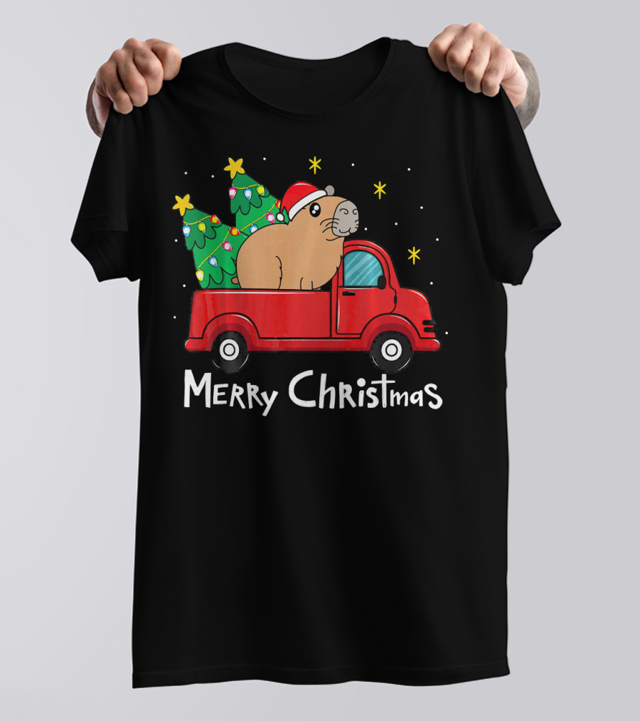 Merry Christmas Capybara Santa Hat Red Truck Christmas Trees T-Shirt