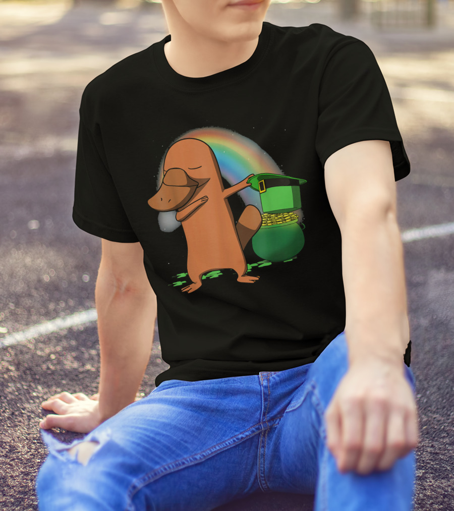 Dabbing Platypus Leprechaun Pot Of Gold Rainbow St Patricks T-Shirt